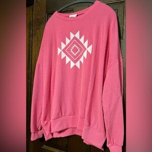 Candy Pink Ribbed Fabric Split Seams Oversized Top with Aztec Design NWOT 2X